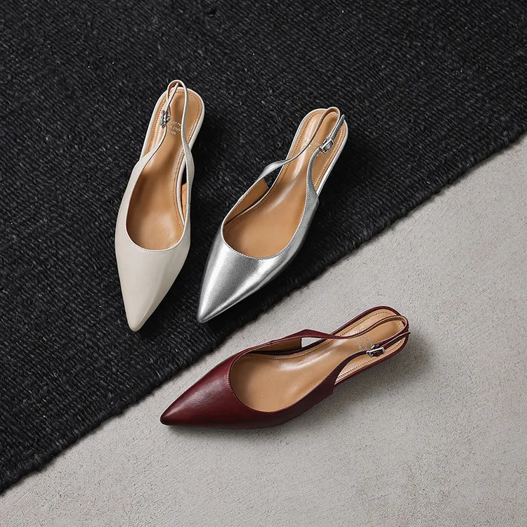 Summer sandals, pointed toe, wedge heel, cowhide, fashion women's shoes, burgundy, silver, beige, 3-22f