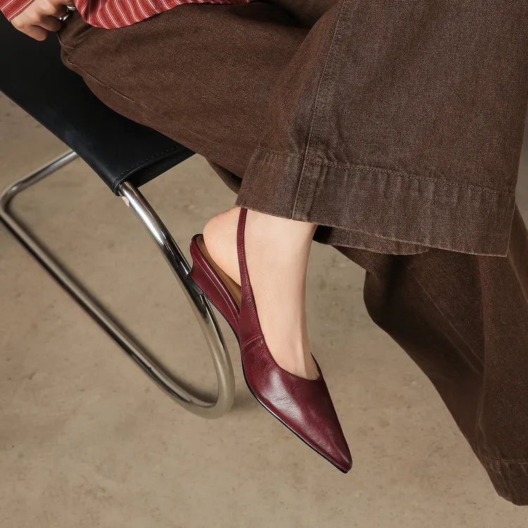 Summer sandals, pointed toe, wedge heel, cowhide, fashion women's shoes, burgundy, silver, beige, 3-22f