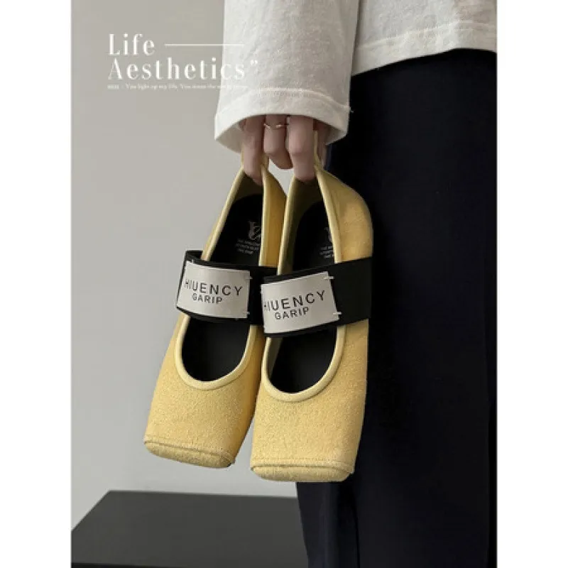 Square-toe patent leather Mary Jane shoes, flat, versatile, elastic band, ballet flats for women.