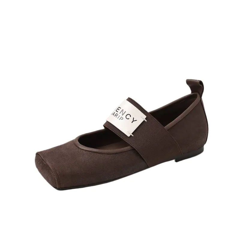 Square-toe patent leather Mary Jane shoes, flat, versatile, elastic band, ballet flats for women.