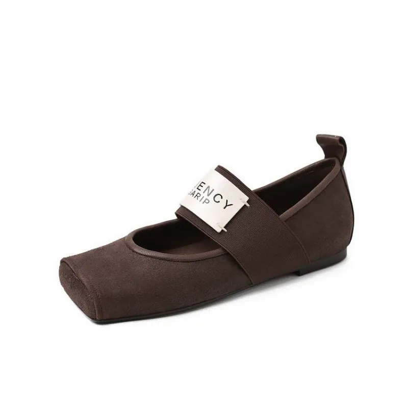 Square-toe patent leather Mary Jane shoes, flat, versatile, elastic band, ballet flats for women.