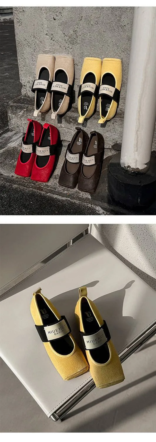 Square-toe patent leather Mary Jane shoes, flat, versatile, elastic band, ballet flats for women.