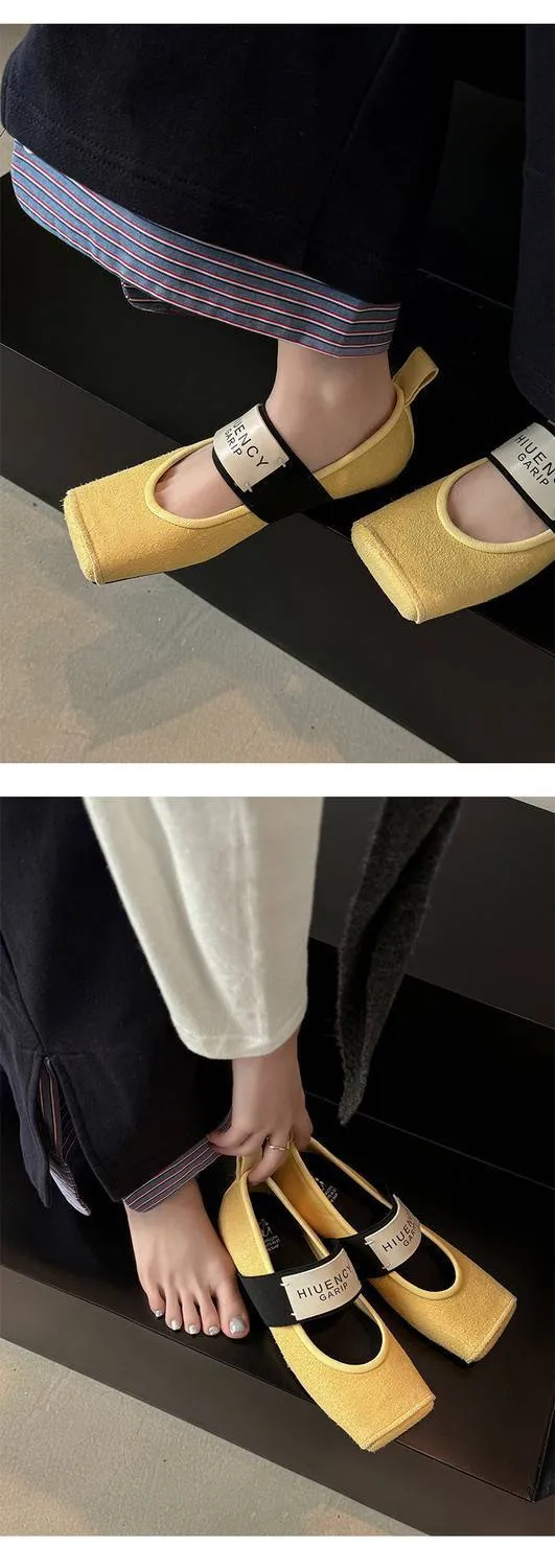 Square-toe patent leather Mary Jane shoes, flat, versatile, elastic band, ballet flats for women.