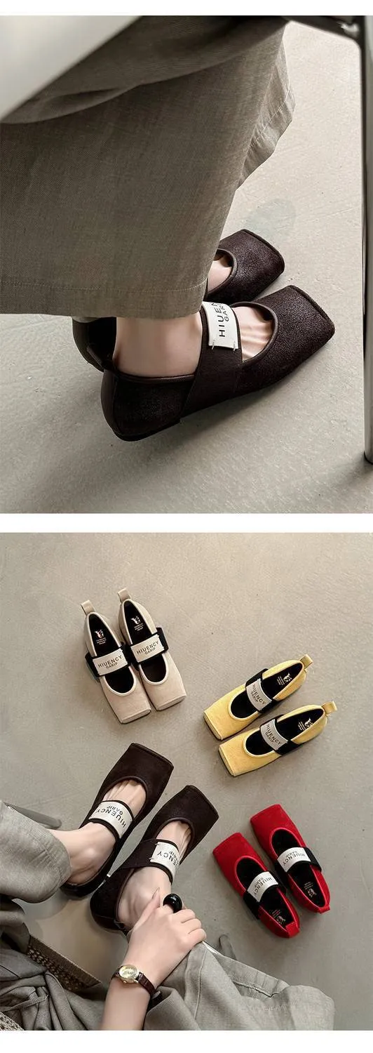 Square-toe patent leather Mary Jane shoes, flat, versatile, elastic band, ballet flats for women.