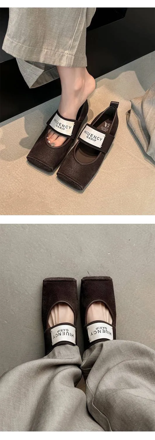 Square-toe patent leather Mary Jane shoes, flat, versatile, elastic band, ballet flats for women.