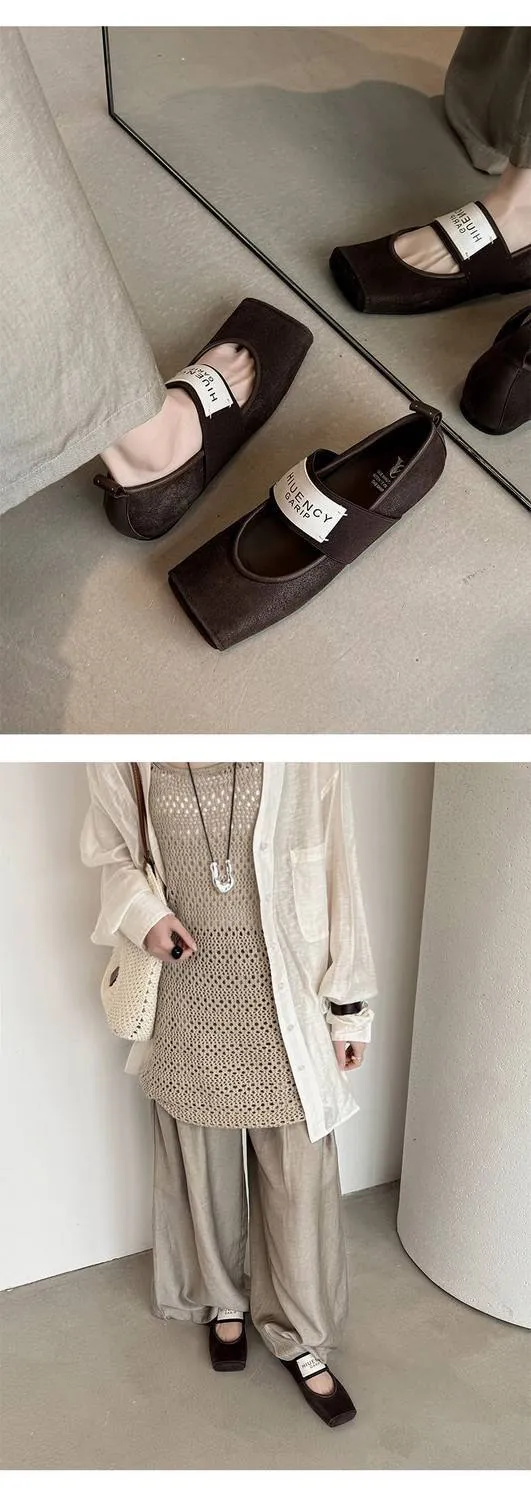 Square-toe patent leather Mary Jane shoes, flat, versatile, elastic band, ballet flats for women.