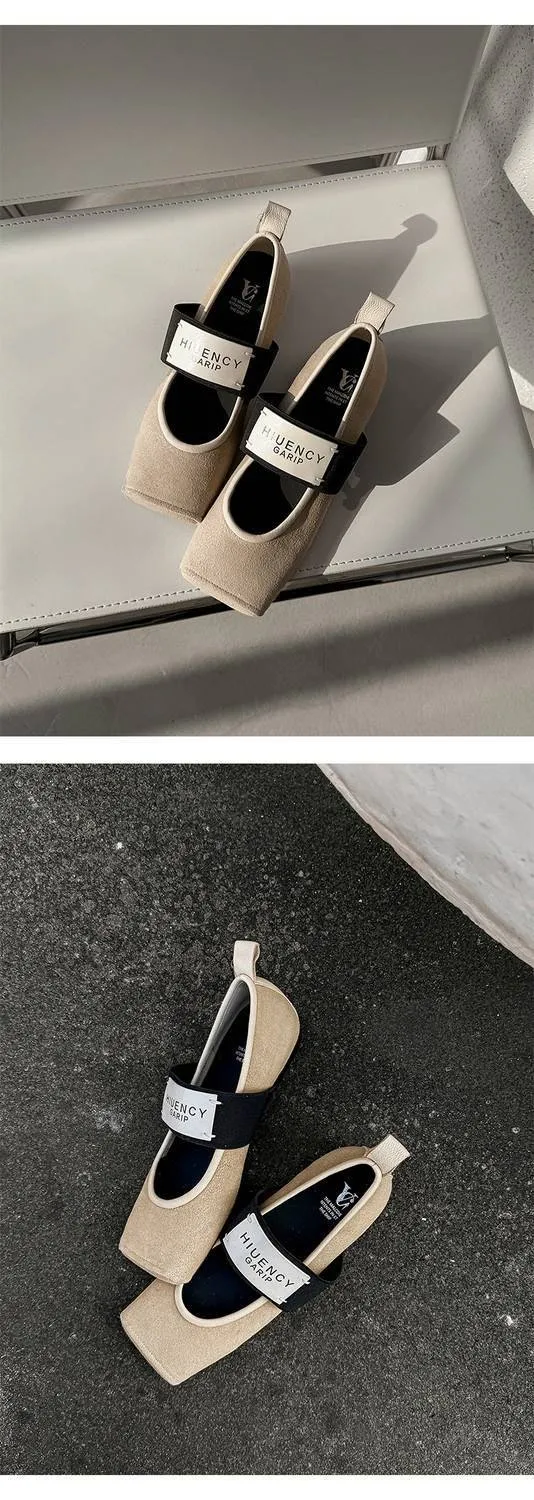 Square-toe patent leather Mary Jane shoes, flat, versatile, elastic band, ballet flats for women.