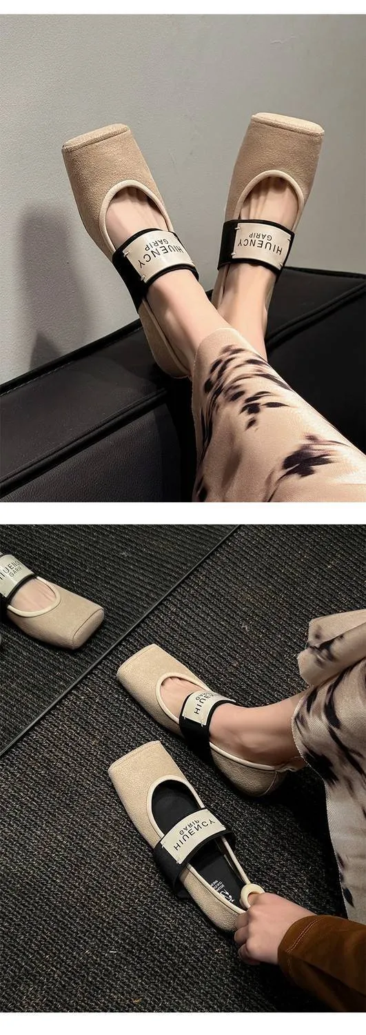 Square-toe patent leather Mary Jane shoes, flat, versatile, elastic band, ballet flats for women.