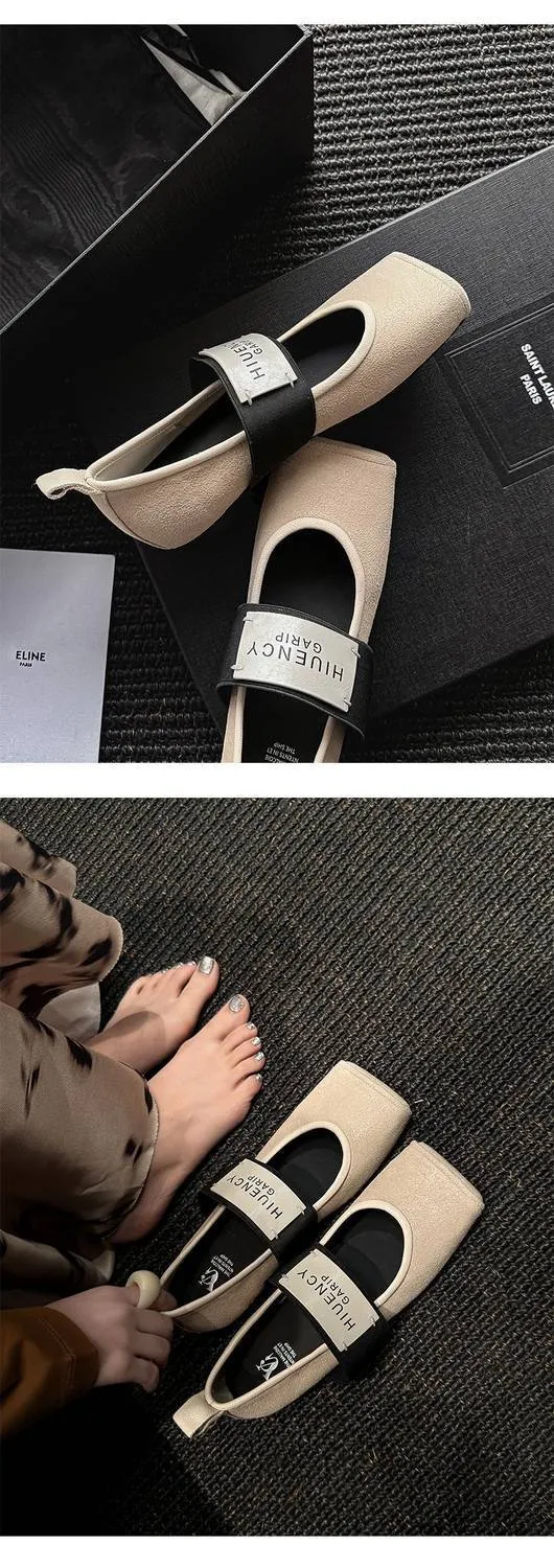 Square-toe patent leather Mary Jane shoes, flat, versatile, elastic band, ballet flats for women.