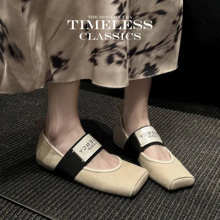 Square-toe patent leather Mary Jane shoes, flat, versatile, elastic band, ballet flats for women.