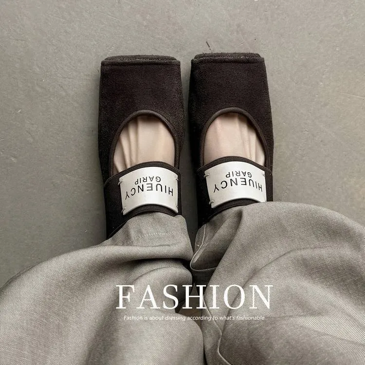 Square-toe patent leather Mary Jane shoes, flat, versatile, elastic band, ballet flats for women.