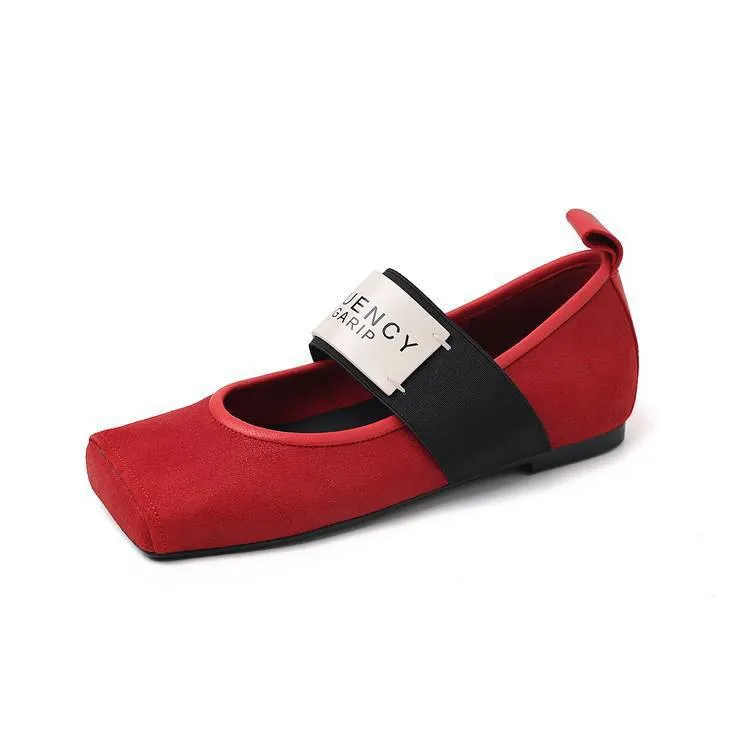 Square-toe patent leather Mary Jane shoes, flat, versatile, elastic band, ballet flats for women.