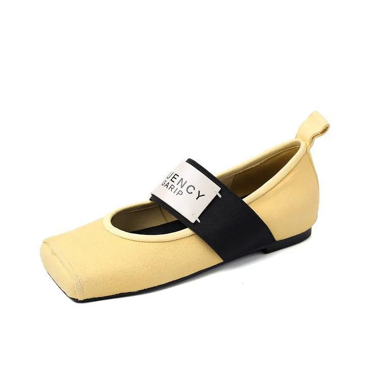 Square-toe patent leather Mary Jane shoes, flat, versatile, elastic band, ballet flats for women.