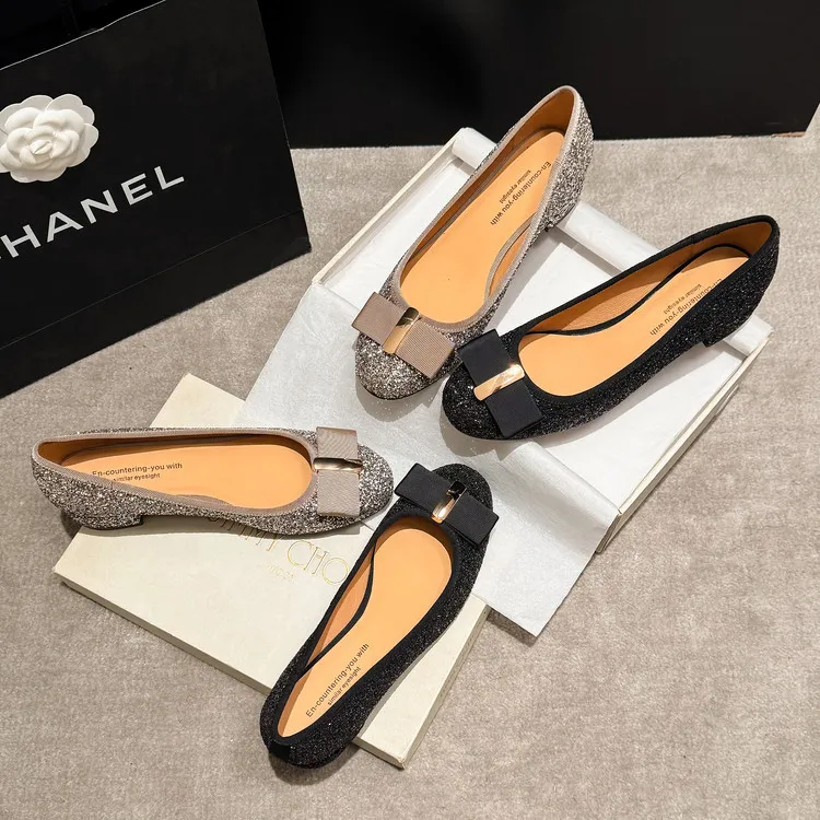 Spring single shoes, round toe, bow, low-cut, chunky heel, sequined, women's shoes, 3-17n