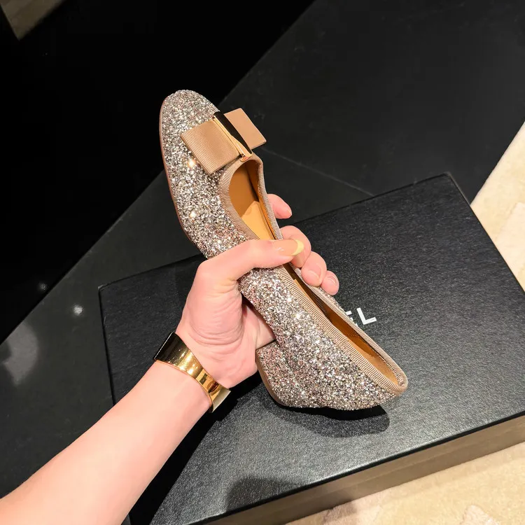 Spring single shoes, round toe, bow, low-cut, chunky heel, sequined, women's shoes, 3-17n