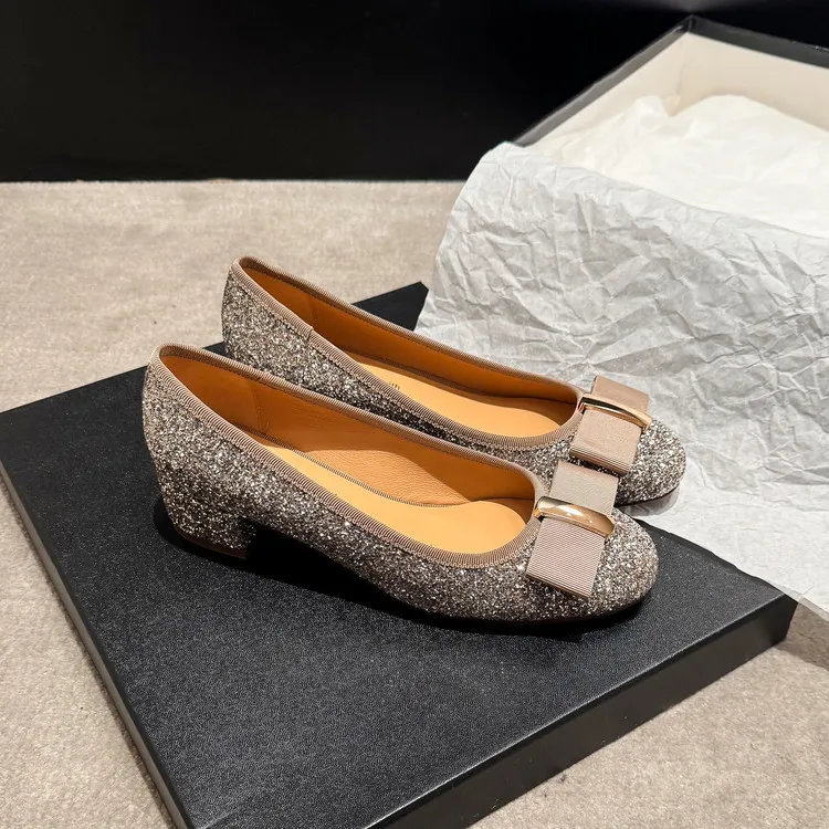 Spring single shoes, round toe, bow, low-cut, chunky heel, sequined, women's shoes, 3-17n