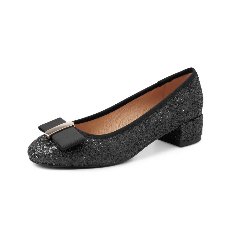 Spring single shoes, round toe, bow, low-cut, chunky heel, sequined, women's shoes, 3-17n