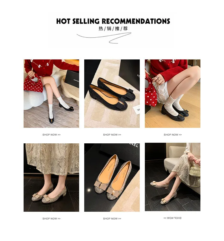 Spring single shoes, round toe, bow, low-cut, chunky heel, sequined, women's shoes, 3-17n