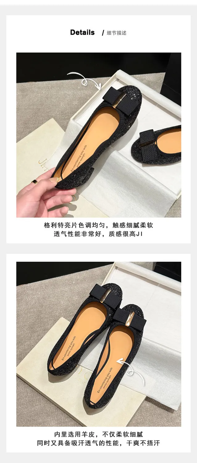 Spring single shoes, round toe, bow, low-cut, chunky heel, sequined, women's shoes, 3-17n