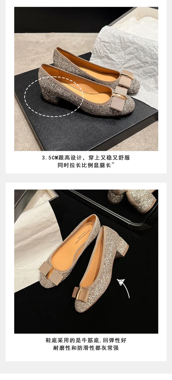 Spring single shoes, round toe, bow, low-cut, chunky heel, sequined, women's shoes, 3-17n