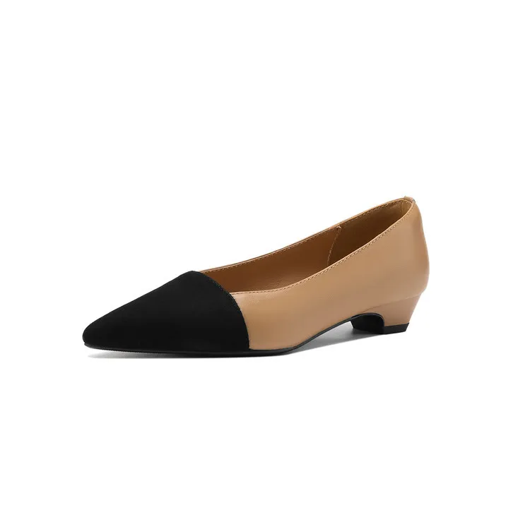 Spring color-blocked pointed-toe chunky heel high-heeled fashion sheepskin women's shoes 3-17p