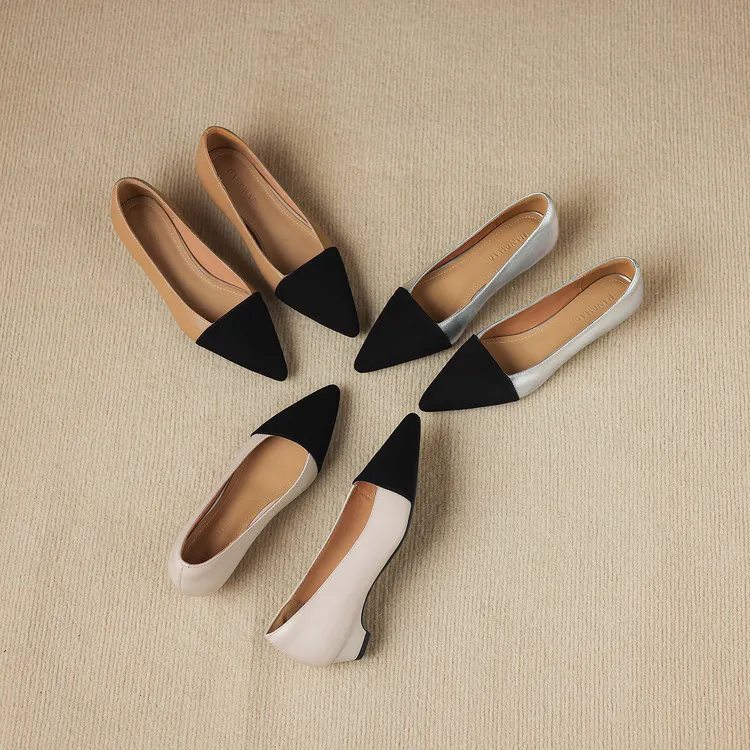 Spring color-blocked pointed-toe chunky heel high-heeled fashion sheepskin women's shoes 3-17p