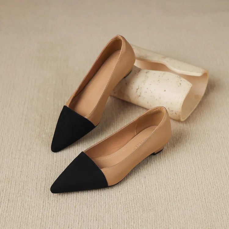 Spring color-blocked pointed-toe chunky heel high-heeled fashion sheepskin women's shoes 3-17p