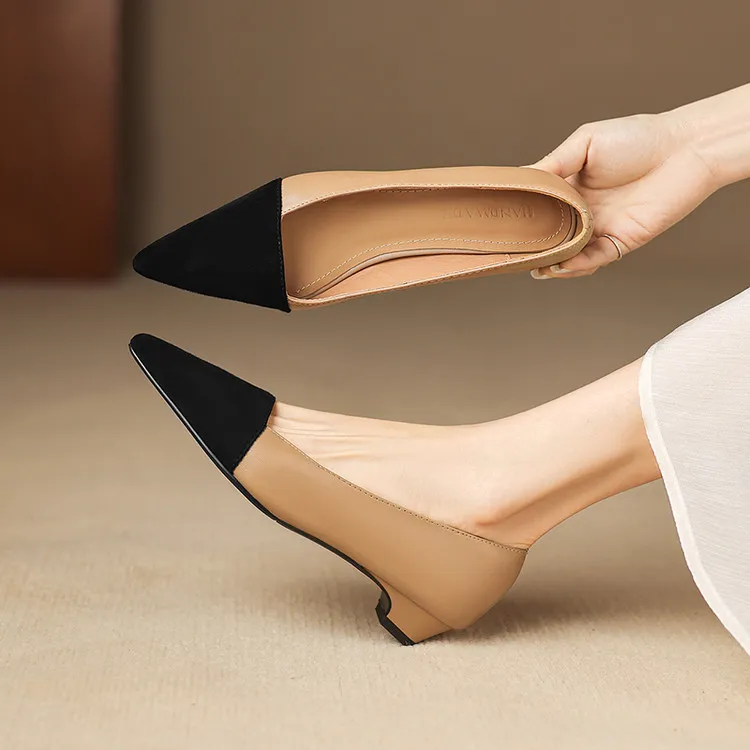 Spring color-blocked pointed-toe chunky heel high-heeled fashion sheepskin women's shoes 3-17p