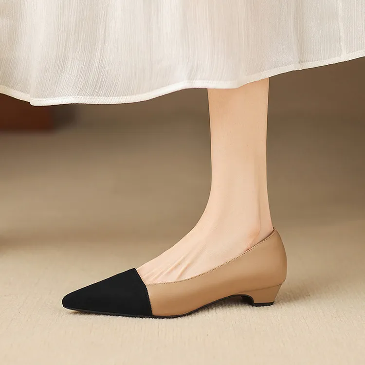 Spring color-blocked pointed-toe chunky heel high-heeled fashion sheepskin women's shoes 3-17p