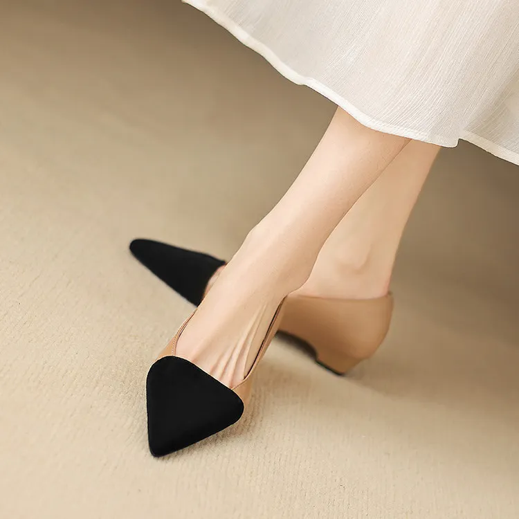 Spring color-blocked pointed-toe chunky heel high-heeled fashion sheepskin women's shoes 3-17p