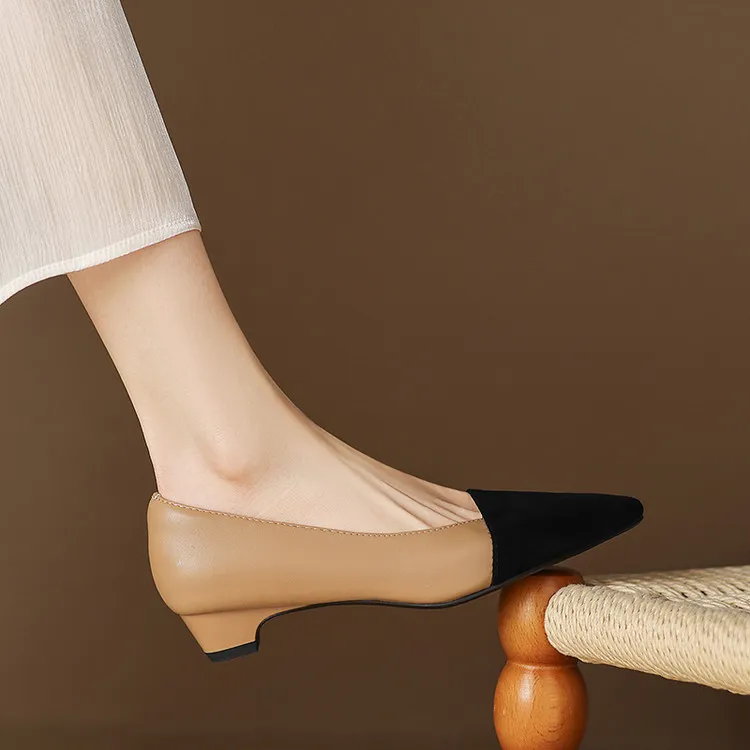 Spring color-blocked pointed-toe chunky heel high-heeled fashion sheepskin women's shoes 3-17p