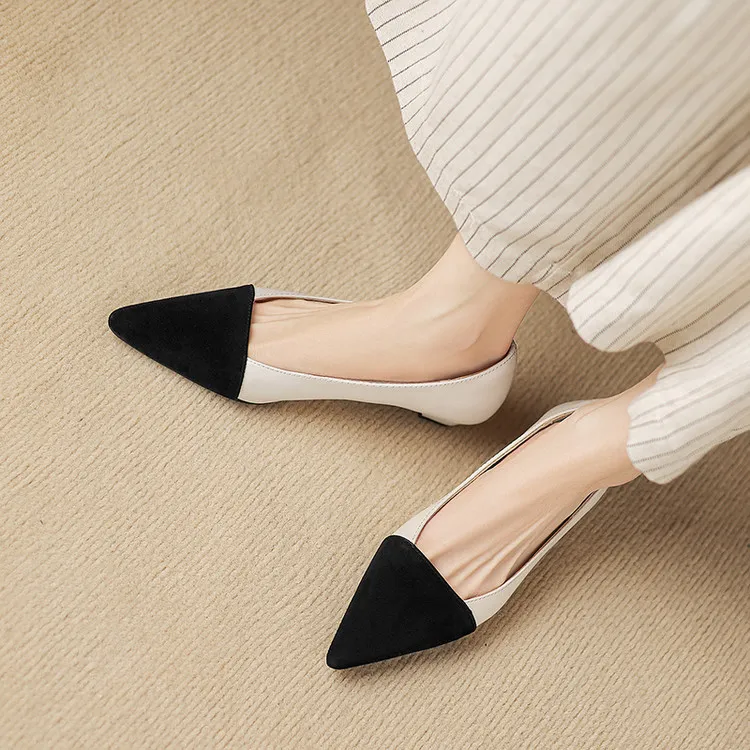 Spring color-blocked pointed-toe chunky heel high-heeled fashion sheepskin women's shoes 3-17p