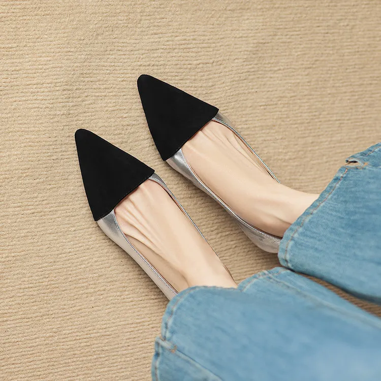 Spring color-blocked pointed-toe chunky heel high-heeled fashion sheepskin women's shoes 3-17p