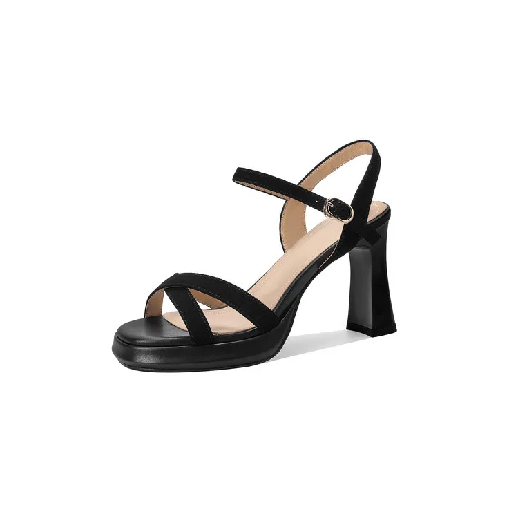 Summer sandals, round toe, thick sole, chunky heel, high heel, buckle, sheepskin women's shoes, 3-19a