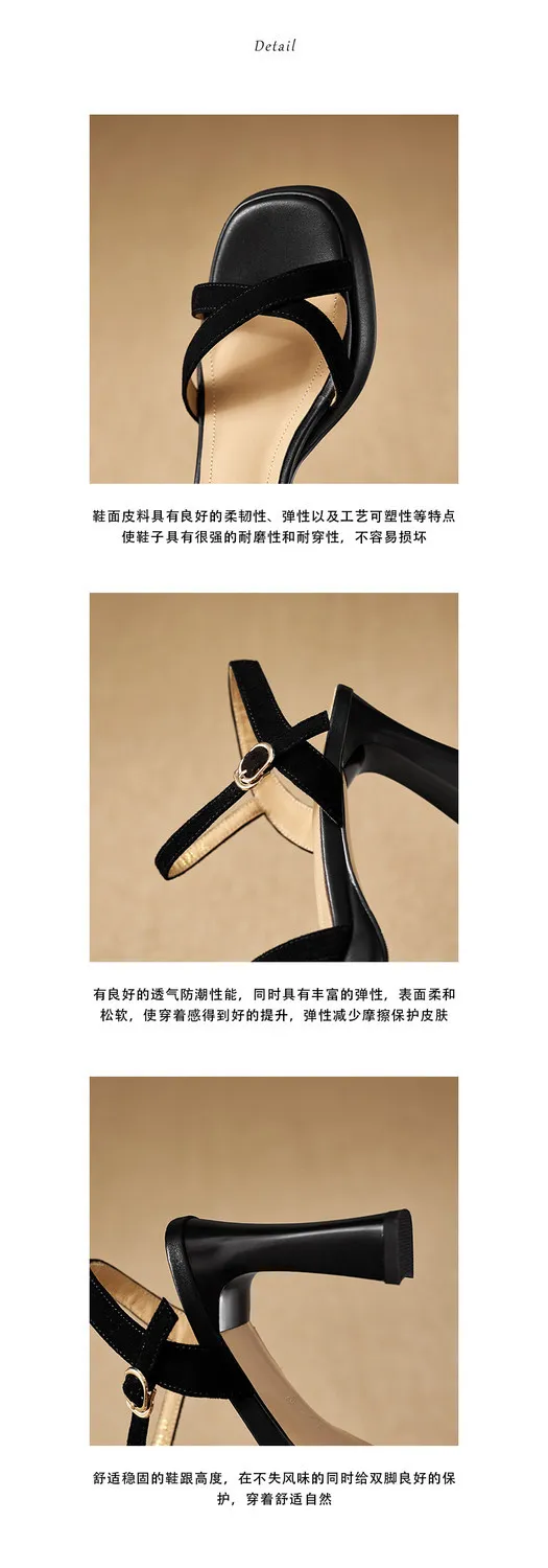 Summer sandals, round toe, thick sole, chunky heel, high heel, buckle, sheepskin women's shoes, 3-19a