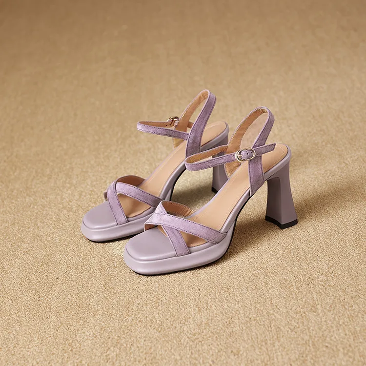 Summer sandals, round toe, thick sole, chunky heel, high heel, buckle, sheepskin women's shoes, 3-19a