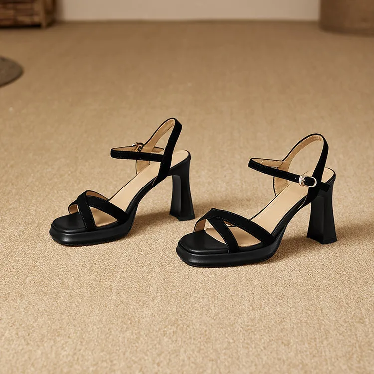 Summer sandals, round toe, thick sole, chunky heel, high heel, buckle, sheepskin women's shoes, 3-19a