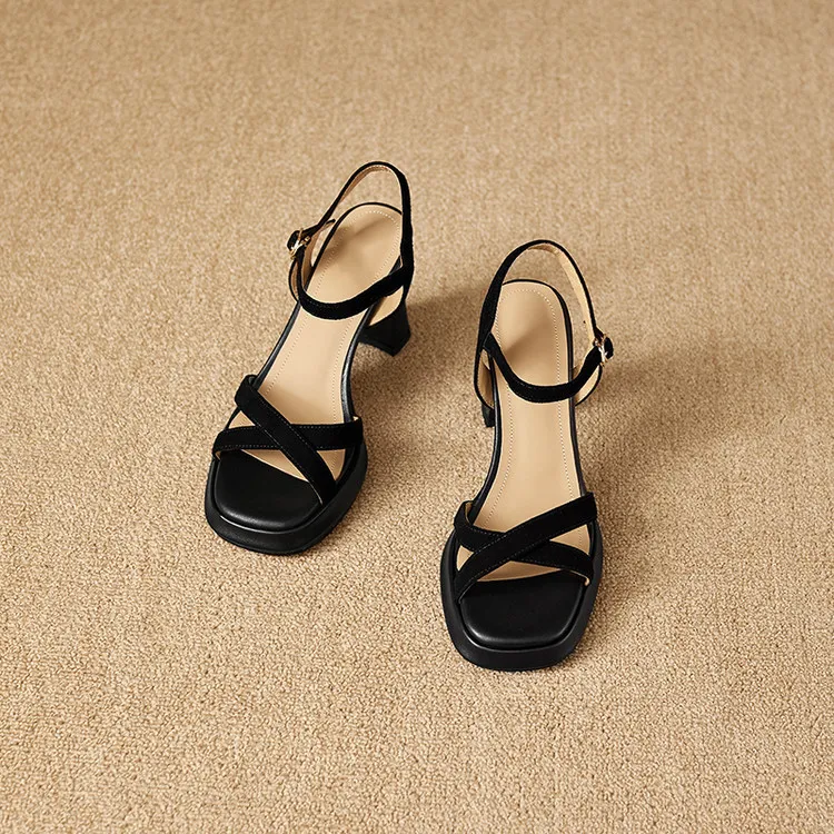 Summer sandals, round toe, thick sole, chunky heel, high heel, buckle, sheepskin women's shoes, 3-19a