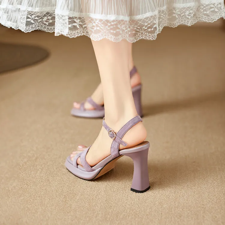 Summer sandals, round toe, thick sole, chunky heel, high heel, buckle, sheepskin women's shoes, 3-19a