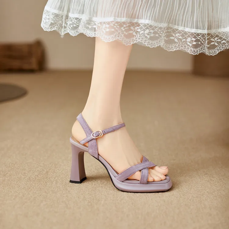 Summer sandals, round toe, thick sole, chunky heel, high heel, buckle, sheepskin women's shoes, 3-19a
