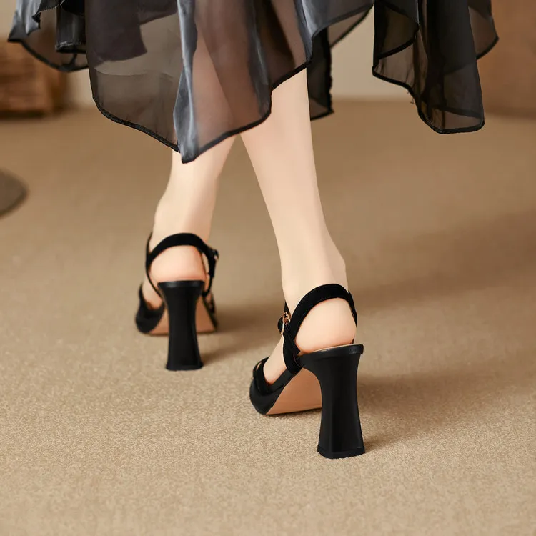Summer sandals, round toe, thick sole, chunky heel, high heel, buckle, sheepskin women's shoes, 3-19a