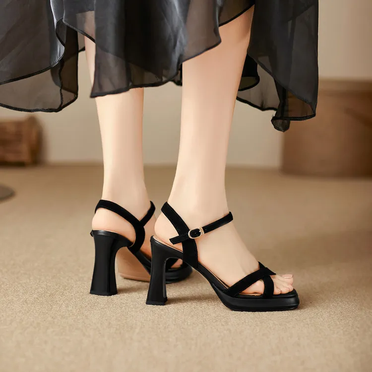 Summer sandals, round toe, thick sole, chunky heel, high heel, buckle, sheepskin women's shoes, 3-19a