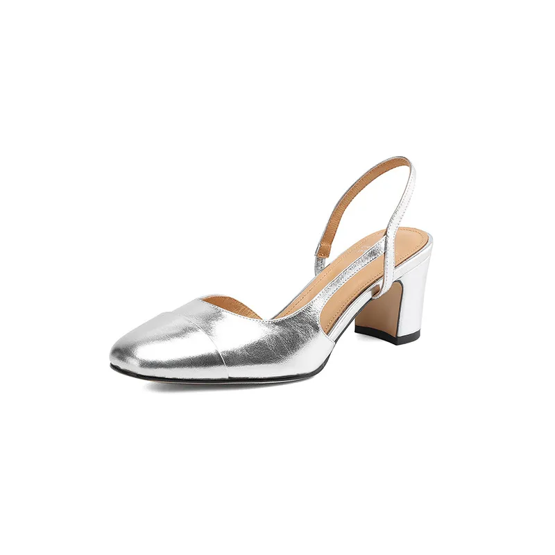 Summer single shoes, round toe, chunky heel, open back, fashion cowhide women's shoes 3-19f