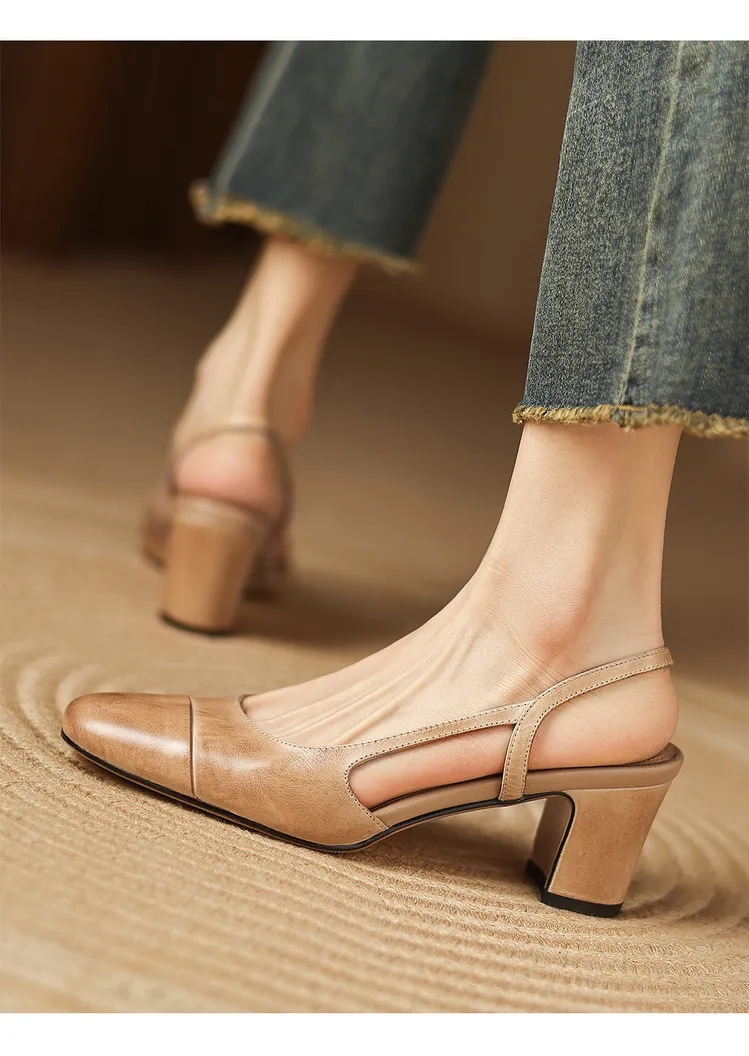 Summer single shoes, round toe, chunky heel, open back, fashion cowhide women's shoes 3-19f