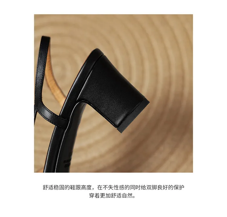 Summer single shoes, round toe, chunky heel, open back, fashion cowhide women's shoes 3-19f