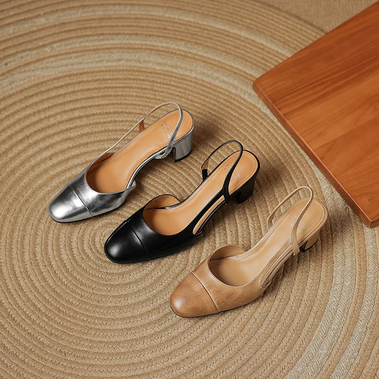 Summer single shoes, round toe, chunky heel, open back, fashion cowhide women's shoes 3-19f