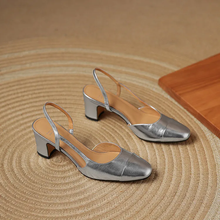Summer single shoes, round toe, chunky heel, open back, fashion cowhide women's shoes 3-19f