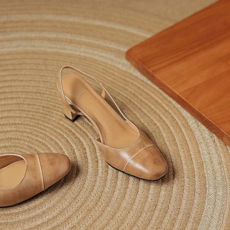 Summer single shoes, round toe, chunky heel, open back, fashion cowhide women's shoes 3-19f