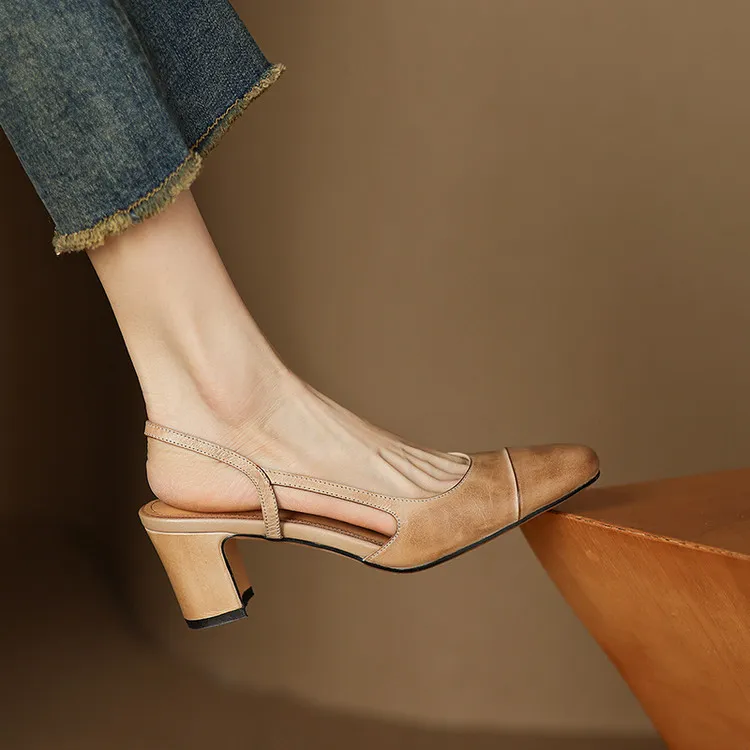 Summer single shoes, round toe, chunky heel, open back, fashion cowhide women's shoes 3-19f