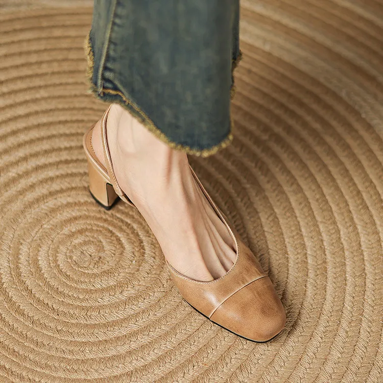 Summer single shoes, round toe, chunky heel, open back, fashion cowhide women's shoes 3-19f